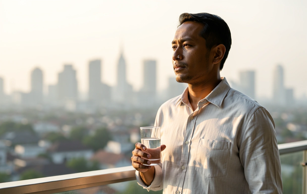 Pria Indonesia profesional memulai hari dengan segar